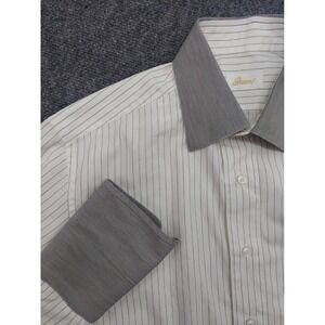 Brioni Shirt Mens 16 White Gray Pinstripe Button Up Cotton Long Sleeve Italy